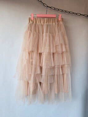 Chic Wish Beige Nude-pink Mesh Tulle Skirt Balletcore Cottage Party Romantic